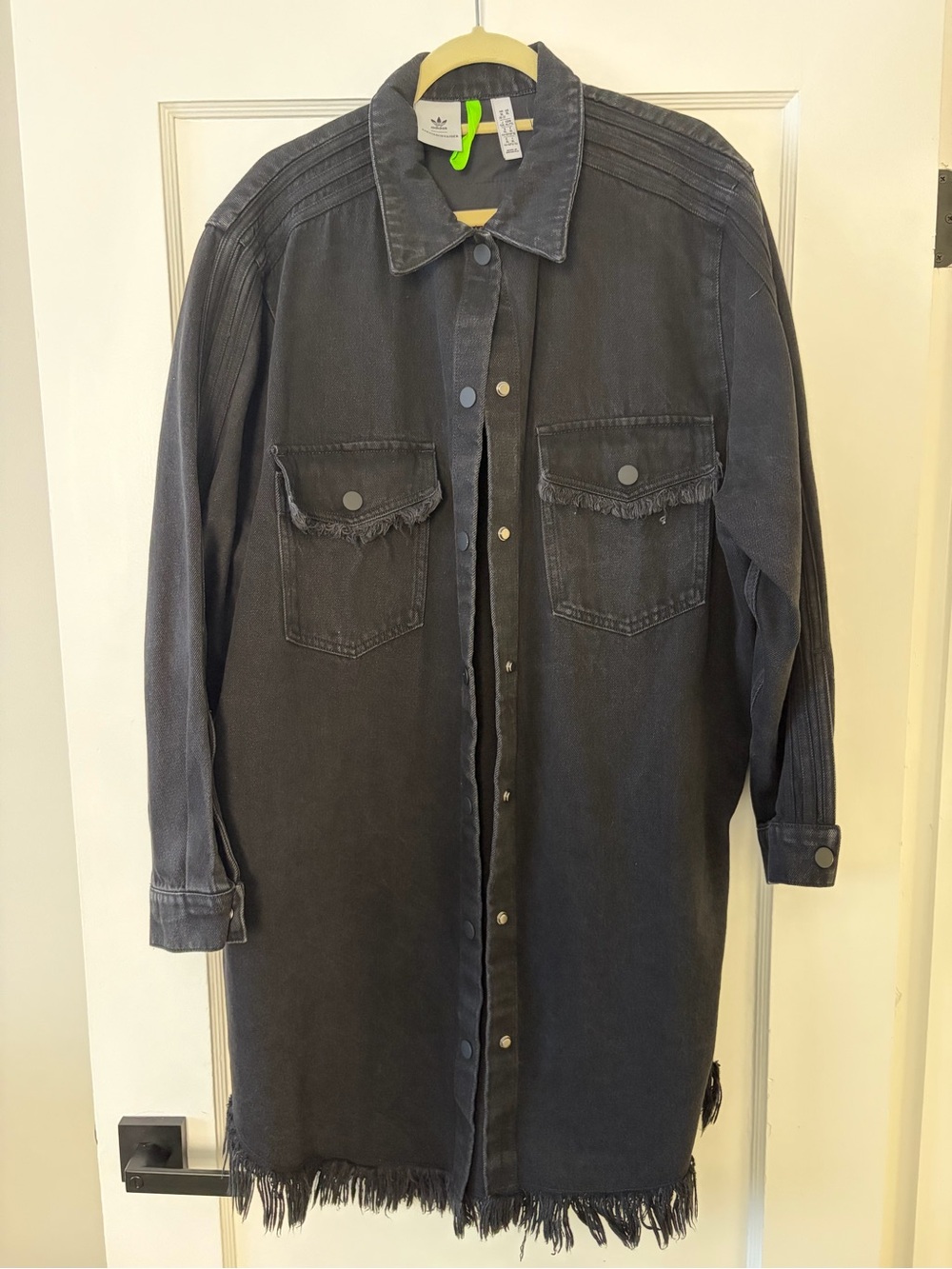 Adidas x KSENIASCHNAIDER Black Denim Fringe Shirt Dress Snap Front XL - Picture 7 of 10